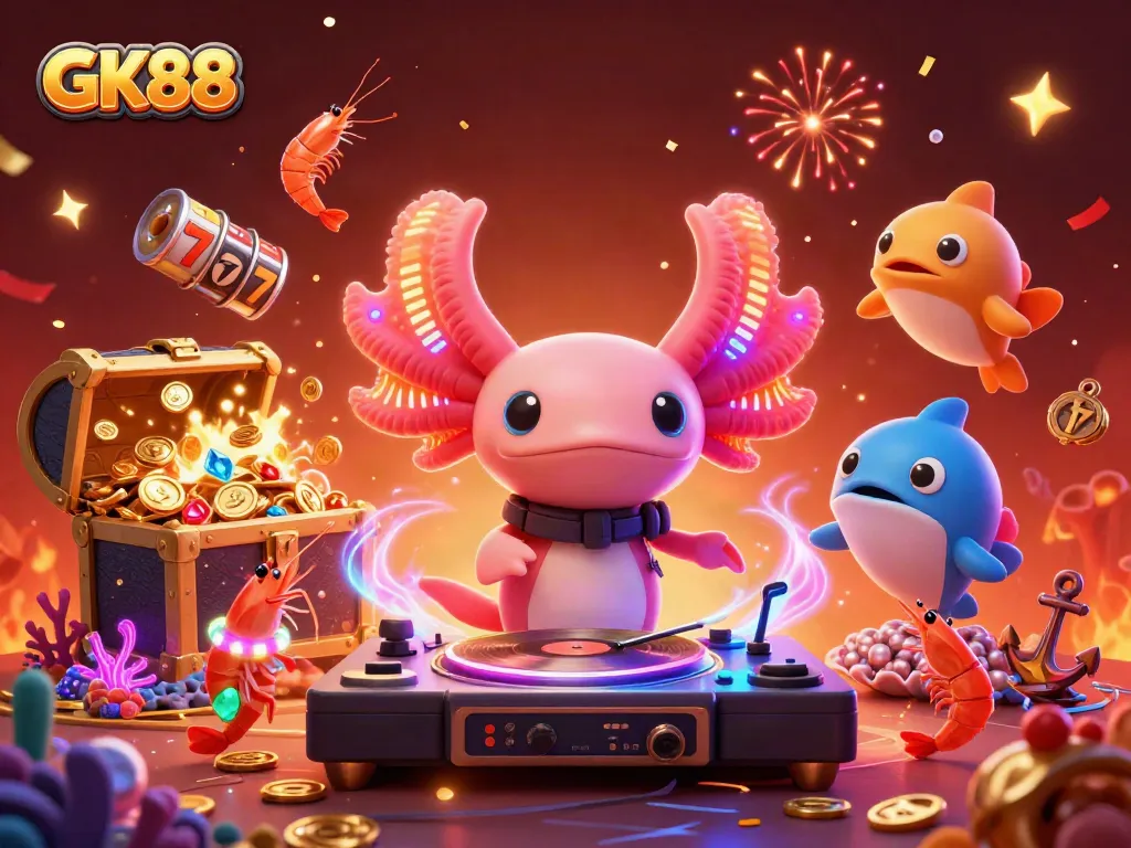 Experience the thrill of GK88 casino with vibrant characters and dynamic slots action in this lively illustration.
