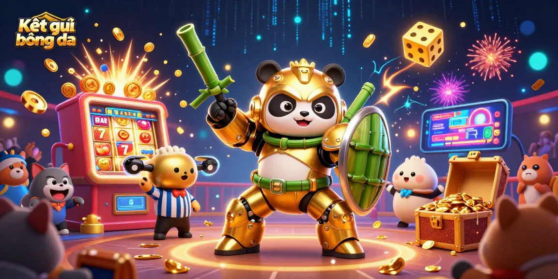 Kết quả bóng đá showcases a lively 3D scene with a golden panda, vibrant casino elements, and an entertaining gaming atmosphere.