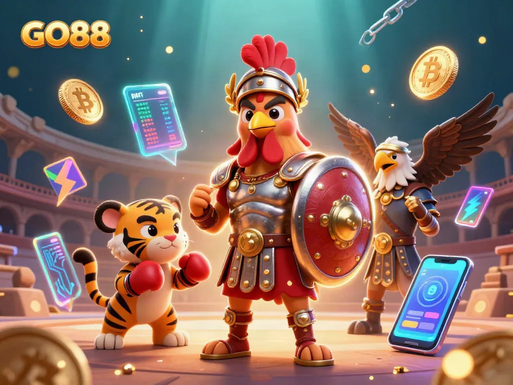Engage with GO88 by exploring vibrant casino scenes with 3D characters and crypto elements.
