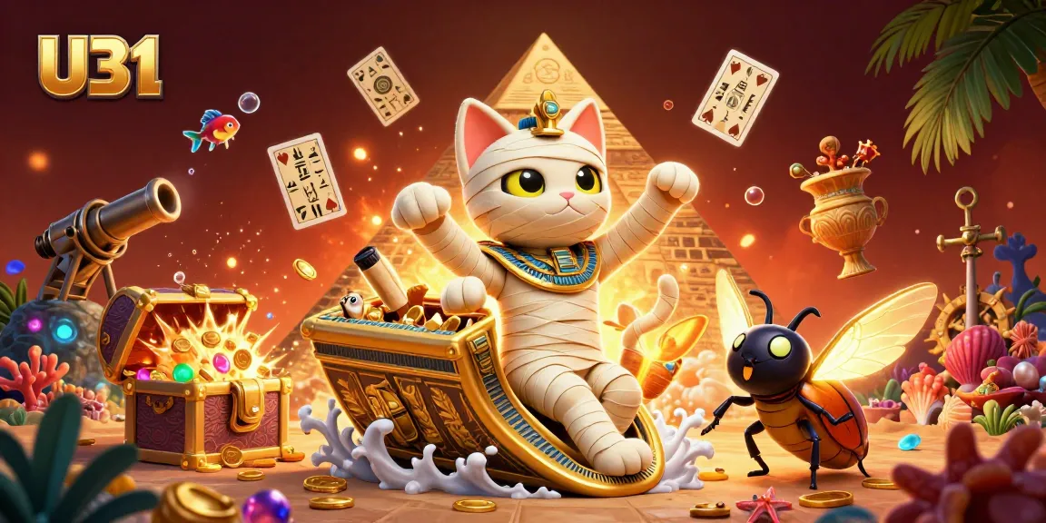 Engage with U31's thrilling casino experience featuring a mummy cat and scarab beetle amidst gold and games.