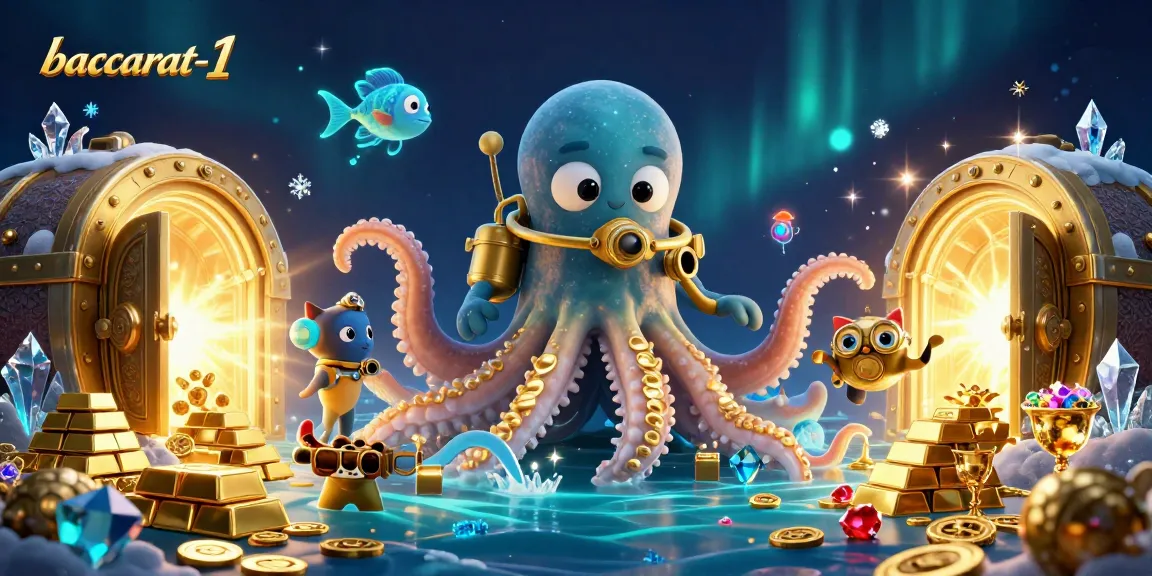 Baccarat-1 showcases an exciting scene with a kraken and diving cat amid treasures and engaging themes of online gaming.