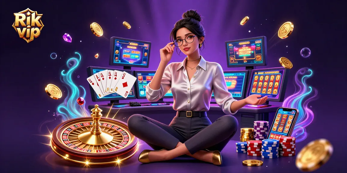Engage in intense gameplay at Rik vip with an elegant gamer experiencing a vibrant casino atmosphere.