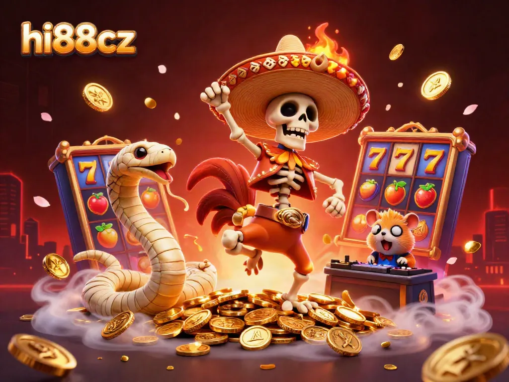 Join the excitement at hi88cz with a vibrant 3D scene showcasing winning slots and joyful characters.