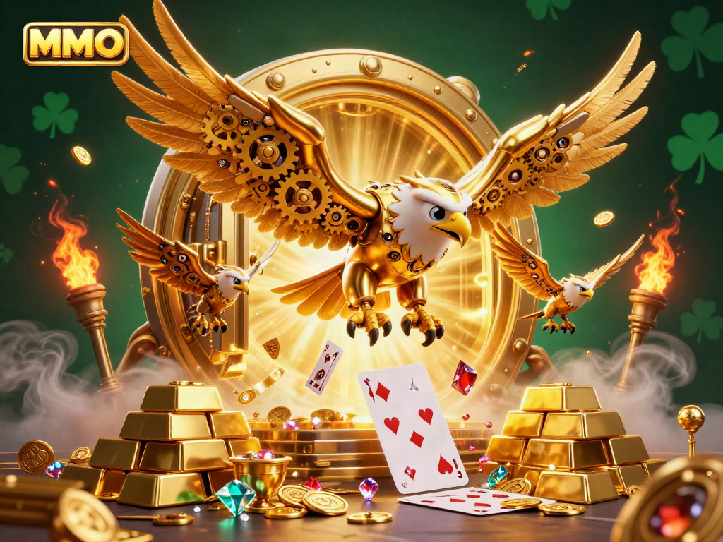 Experience the excitement of MMOO casino games with a captivating animation featuring a golden eagle and treasures.