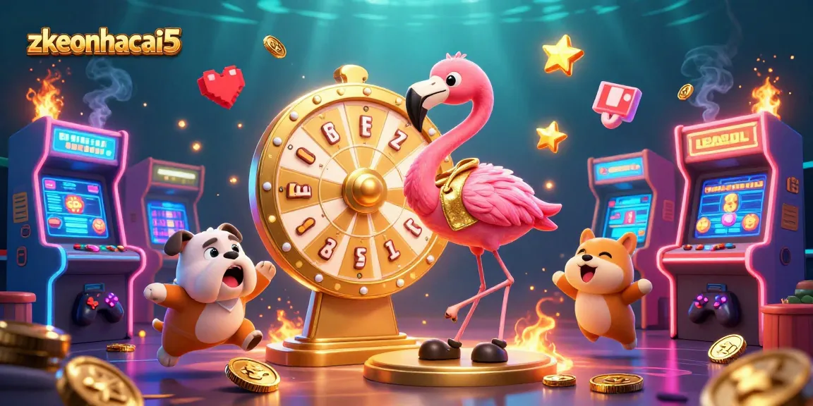 Engage with zkeonhacai5's vibrant 3D casino scene featuring a flamingo host and bulldog contestant.