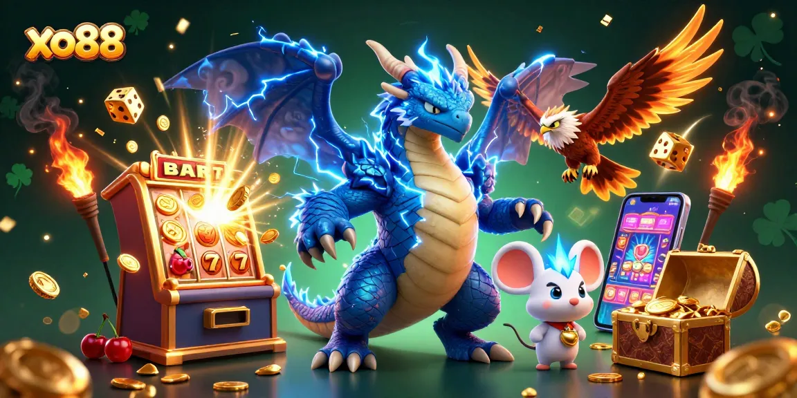 Experience thrilling wins with xo88 in this action-packed 3D casino illustration filled with vibrant elements.