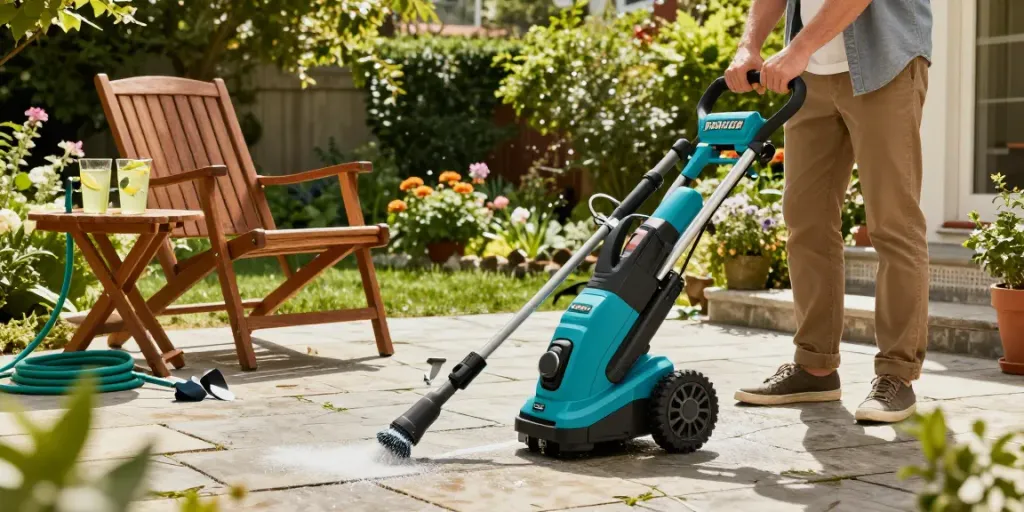 Makita patio cleaner effectively cleaning a stone patio in a beautiful home garden.