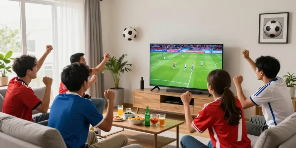 Fans enjoying a live match at home, celebrating tebakskor889.org with snacks and jerseys.