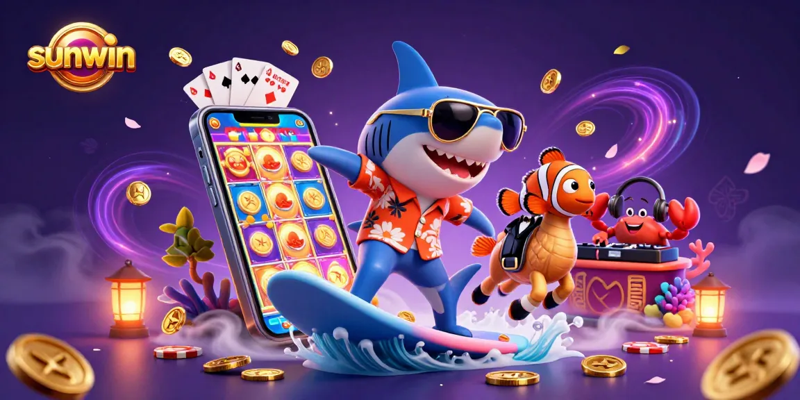 Experience sunwin's thrilling gaming with a shark surfing on golden coins and colorful slot action!