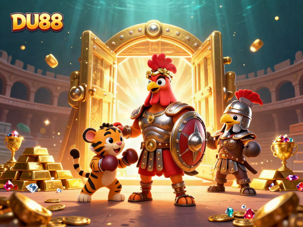 DU88 casino adventure featuring a gladiator rooster and treasures in a vibrant colosseum scene.
