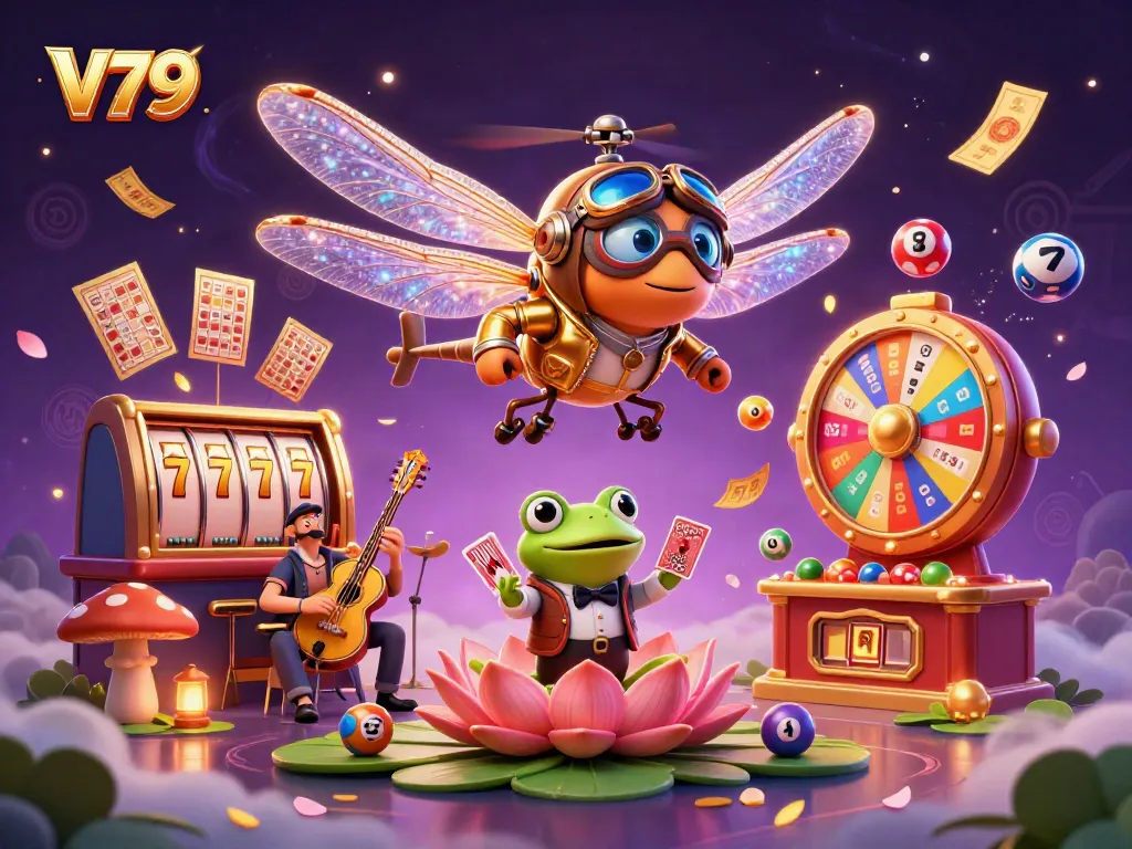 V79 casino scene with a dragonfly pilot, frog dealer, and musicians among dynamic gambling elements