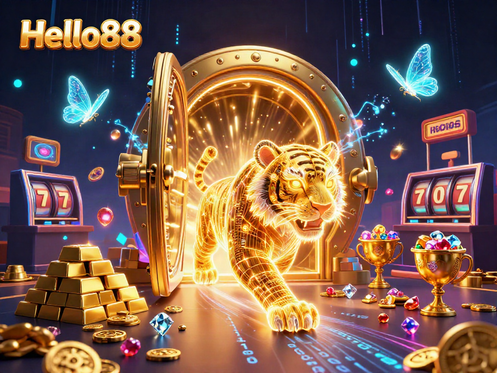 Experience thrilling gameplay at Hello88 with a vibrant casino scene showcasing neon textures and golden treasures.