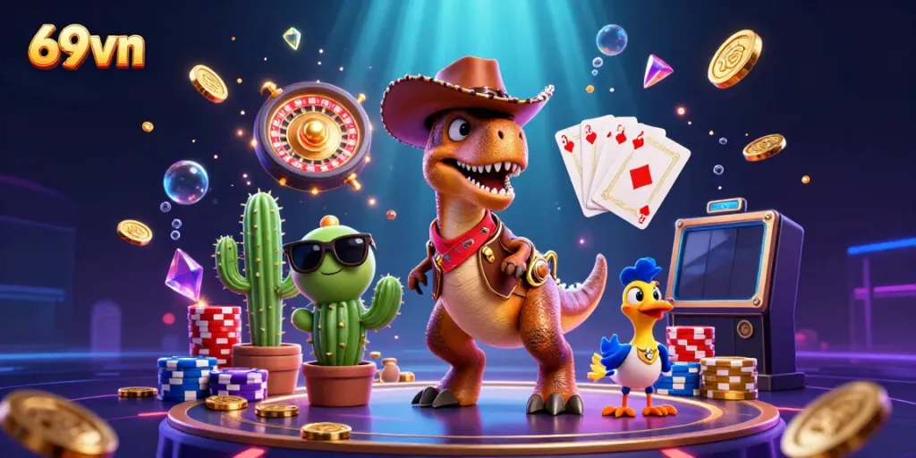 Experience the vibrant casino action at 69vn with a T-Rex, cactus sidekick, and roadrunner amidst games and fortune.
