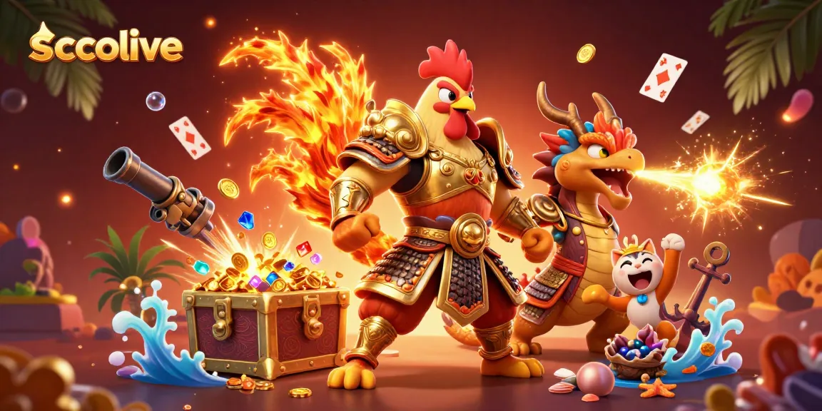 Socolive showcases a vibrant illustration of a rooster warrior alongside a dragon hatchling amid dynamic casino elements.