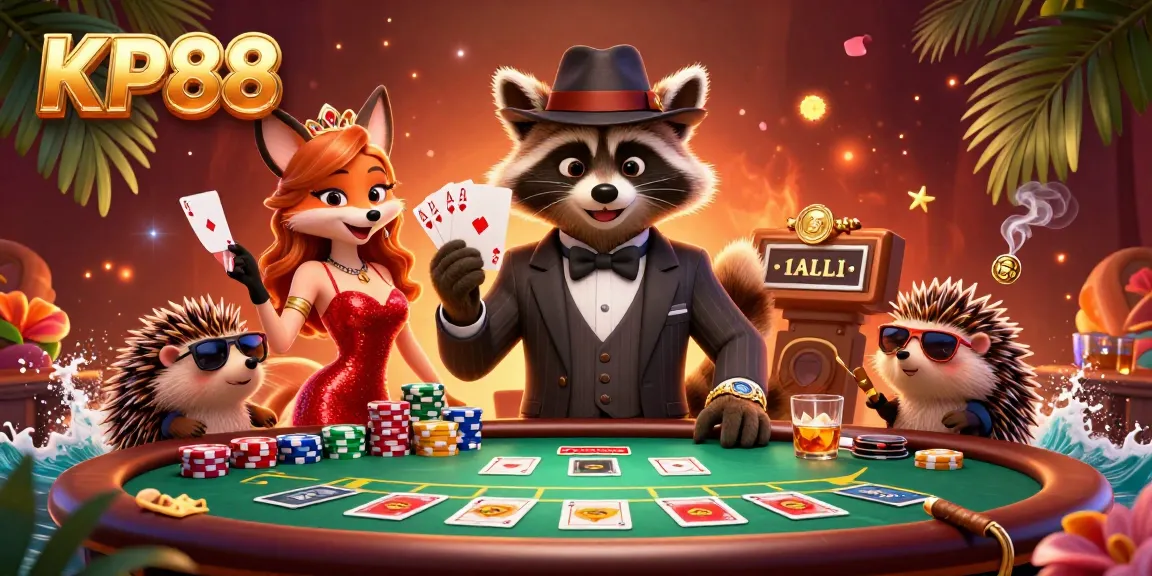 Experience high-stakes poker action with KP88 featuring a suave raccoon in a vibrant casino