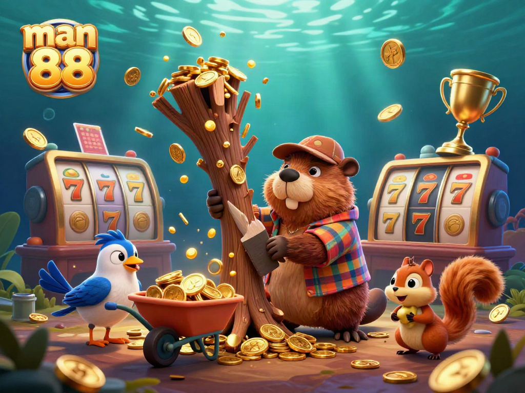 Experience the excitement of man 88 with the energetic beaver, bird, and squirrel collecting golden coins.