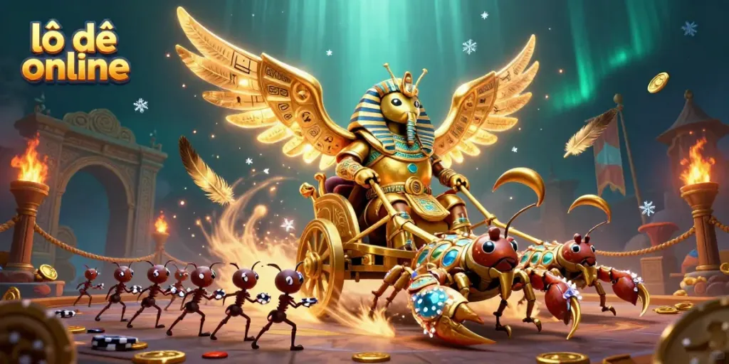Engage in lô đề online with vibrant 3D characters in a lively gambling scene featuring a golden scarab beetle and scorpions.