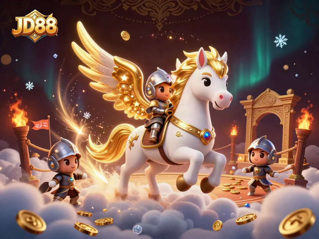 JD88 casino-themed illustration of a celestial horse and knight amidst gold coins and dynamic game elements.
