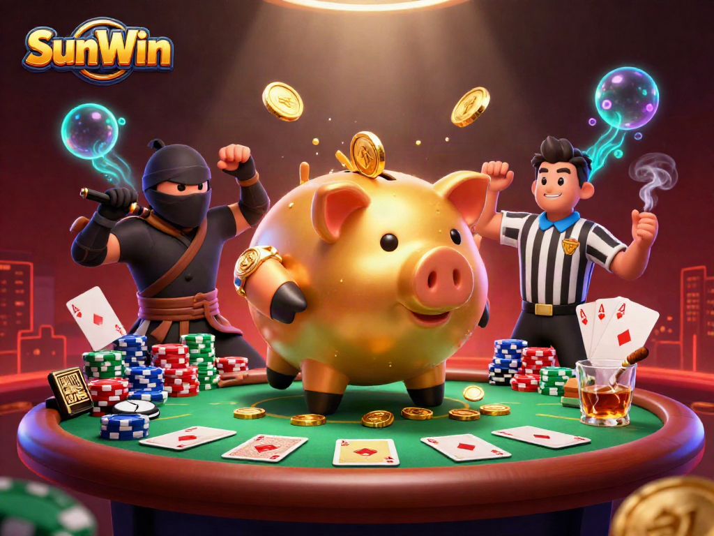Experience thrilling moments with SunWin as the golden piggy bank wrestler battles a wallet ninja in a vibrant casino.