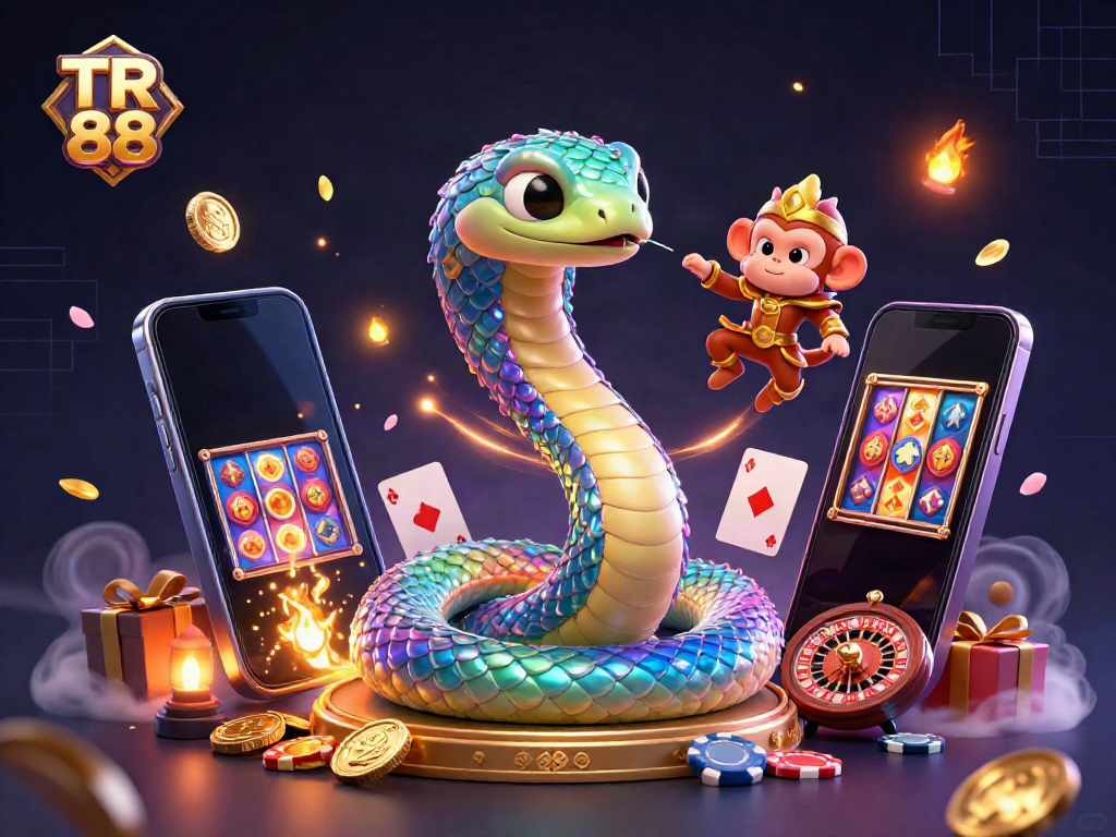Experience winning with TR 88 in this vibrant 3D casino illustration featuring vibrant game elements and dynamic characters.