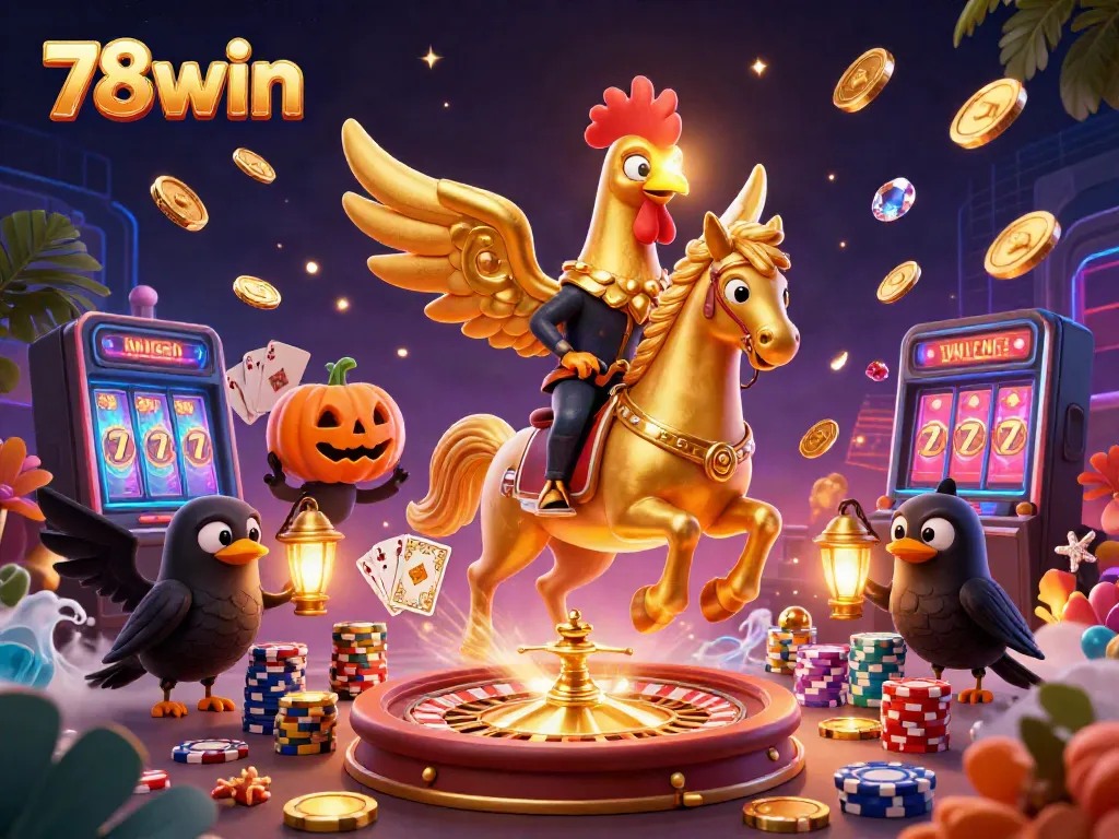 Experience 78win's vibrant casino atmosphere with dynamic golden rooster characters illuminating the scene.