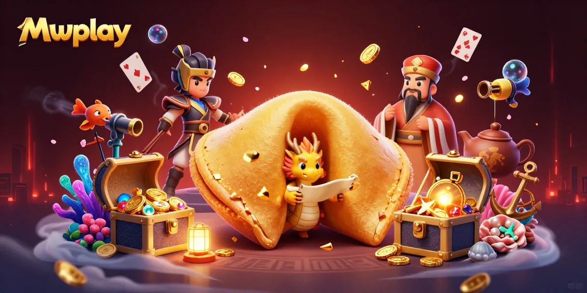 Experience thrilling gameplay with Mwplay's animated casino scene filled with colorful elements and fortune cookie characters.
