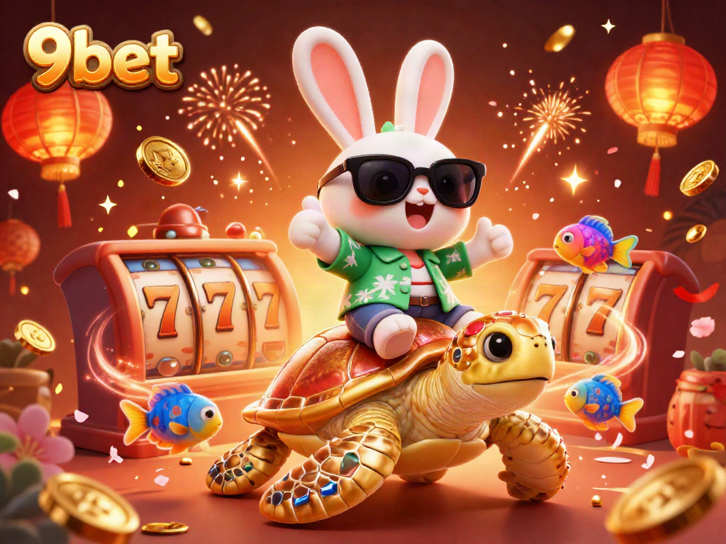 Experience the excitement of 9bet with a lively illustration featuring a cartoon rabbit and golden turtle celebrating casino wins.
