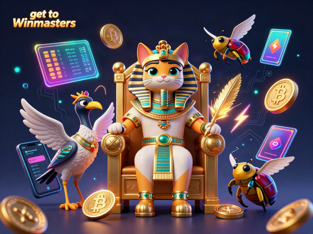 Engage in vibrant gaming as you get to Winmasters with an Egyptian pharaoh cat surrounded by crypto coins.