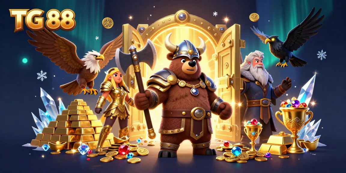 Experience excitement at TG 88 with a Viking bear and treasures in an enchanting casino scene.