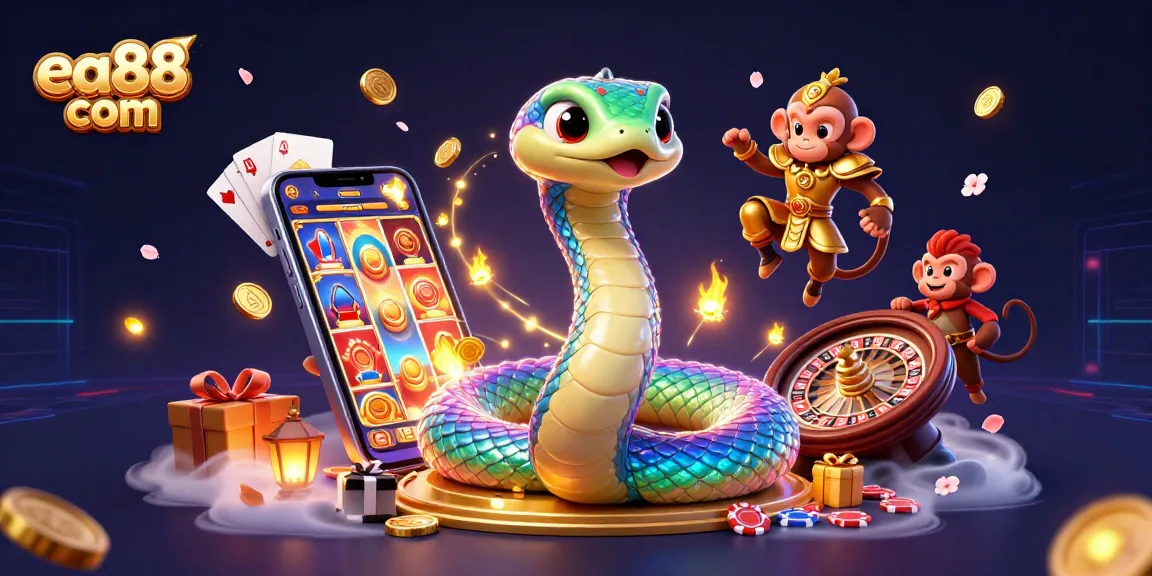 Engage with thrilling casino experiences at ea88 com, featuring a vibrant 3D illustration of a rainbow serpent and monkey king.