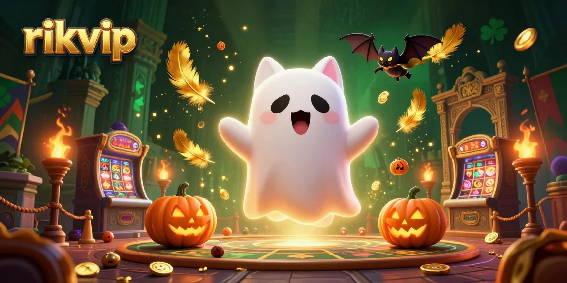 Experience exciting slots at rikvip with a floating ghost cat and magical casino elements.