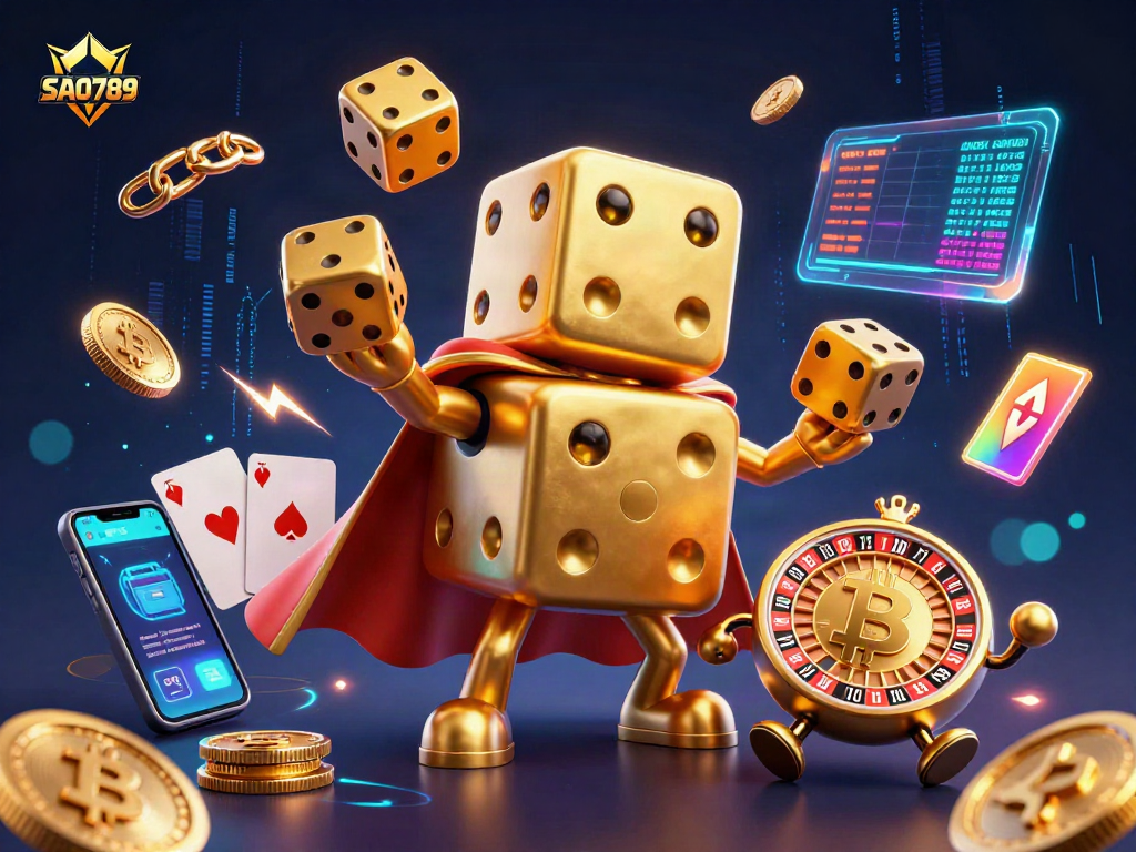 SAO789 showcases a dynamic casino scene featuring golden dice, vibrant crypto elements, and festival excitement.