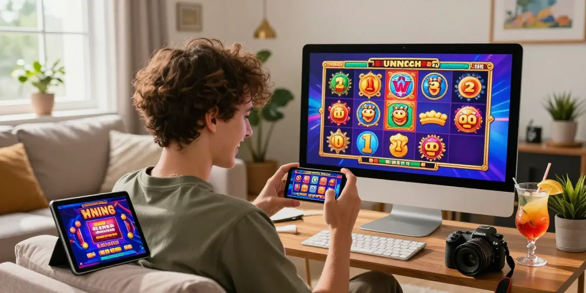 Excited player claiming 20 free spins on registration no deposit in a cozy home setting with vibrant online casino promotions.