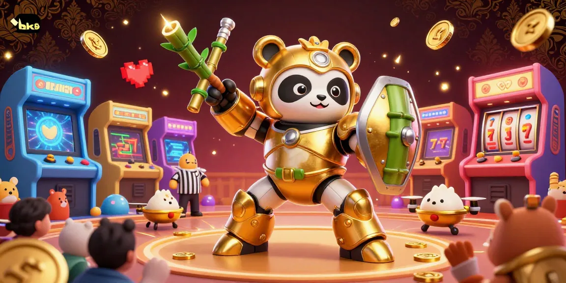 Engage in thrilling gameplay at bk8 with a golden panda piloting a robot in a vibrant casino arena.