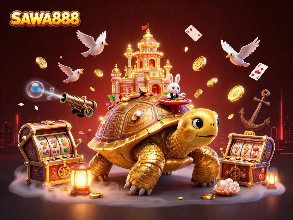 Experience winning with SAWA888 as golden coins and vibrant slot themes explode in this captivating casino scene.