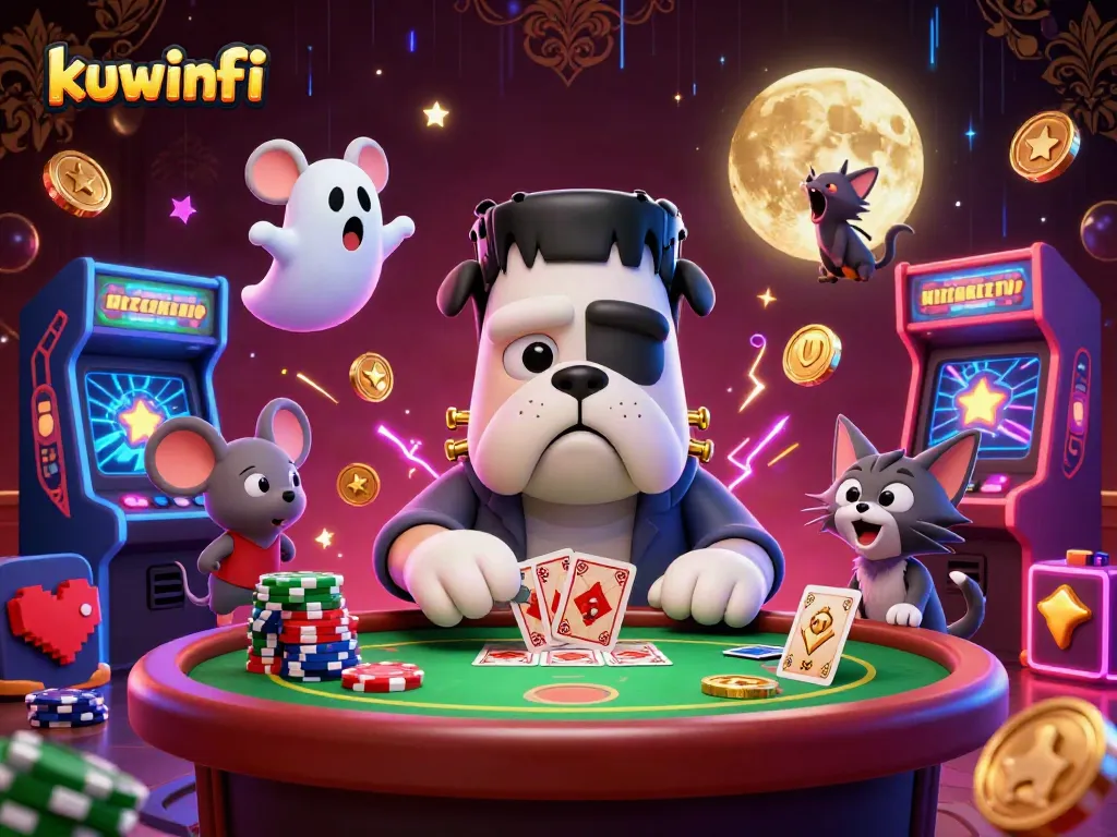 Kuwinfi engages players with an immersive casino scene featuring a cartoon bulldog dealer, chips, and vibrant game elements.