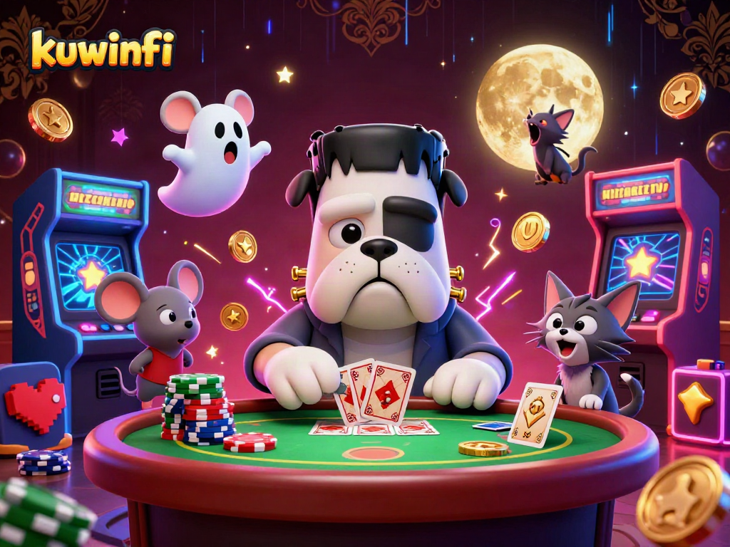 Kuwinfi engages players with an immersive casino scene featuring a cartoon bulldog dealer, chips, and vibrant game elements.