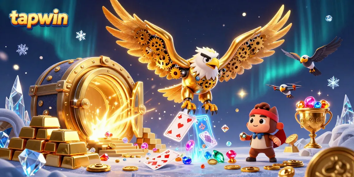Engage with the exciting world of TAPWIN gaming as the cybernetic golden eagle dives through vibrant holographic cards.