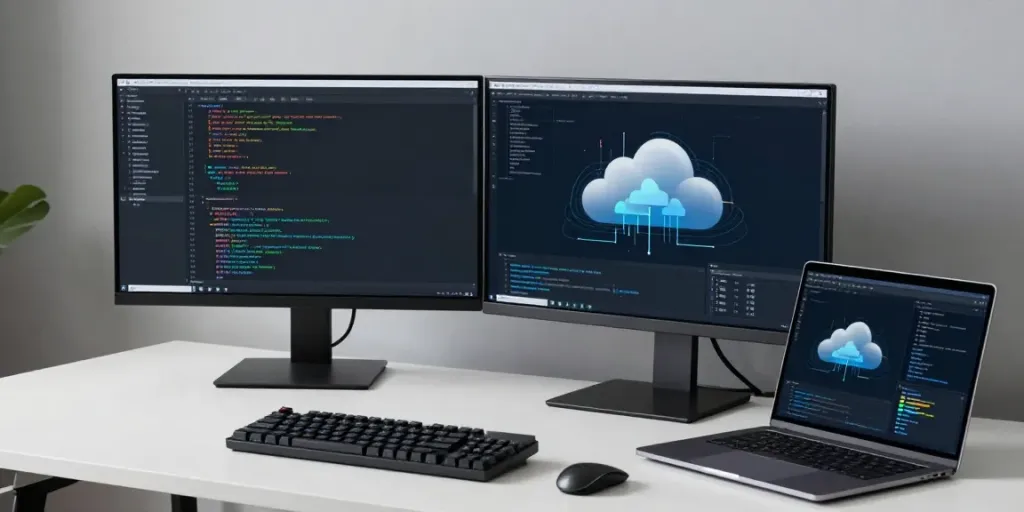 Register .co.uk domain in a developer's workspace with coding tools and cloud computing setup.