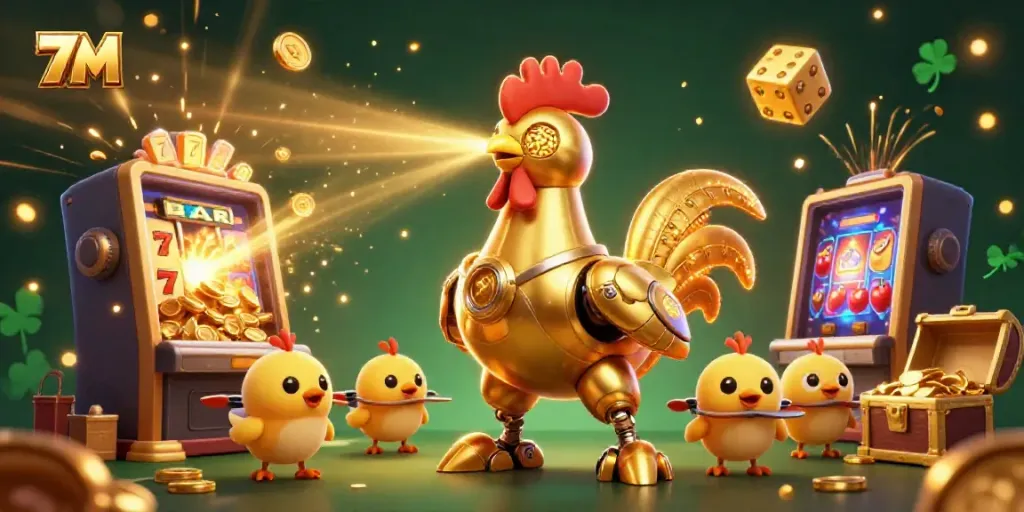 Engage in fun with 7M's vibrant online casino illustration showcasing action-packed gaming elements.