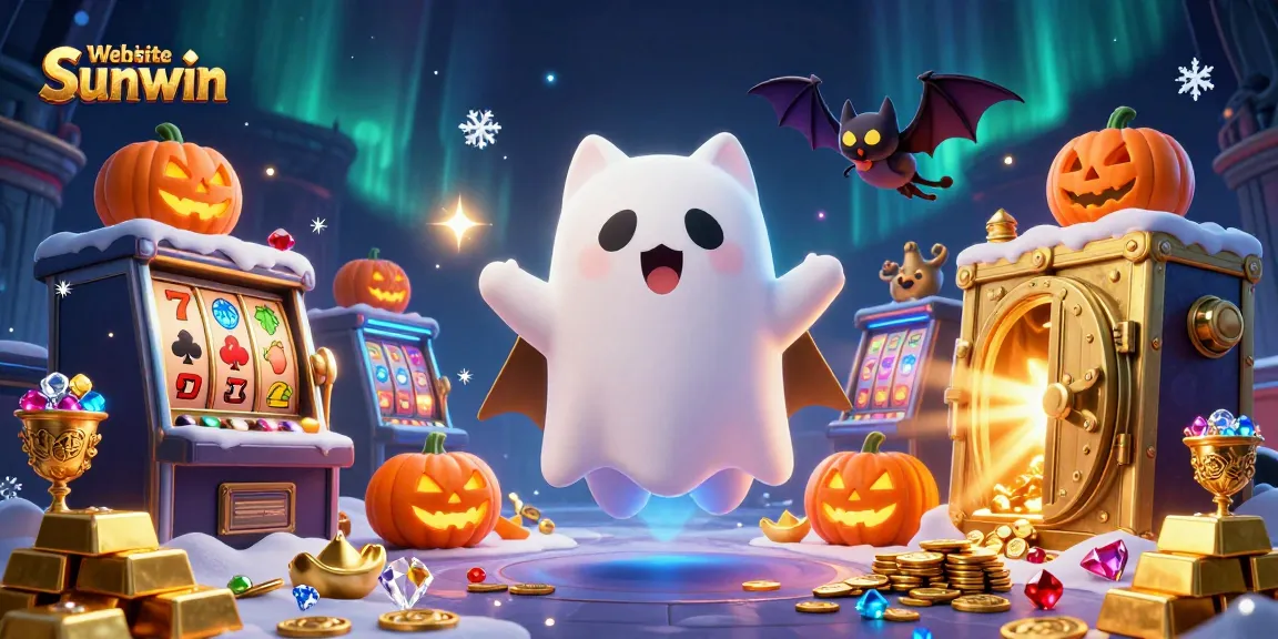 Engage with the Website Sunwin scene of a friendly ghost cat in a haunted casino, surrounded by glowing jackpots and treasures.