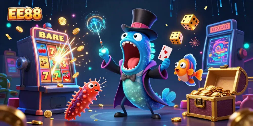 EE88 showcase featuring a magical scene with a gulper eel magician and vibrant casino game elements