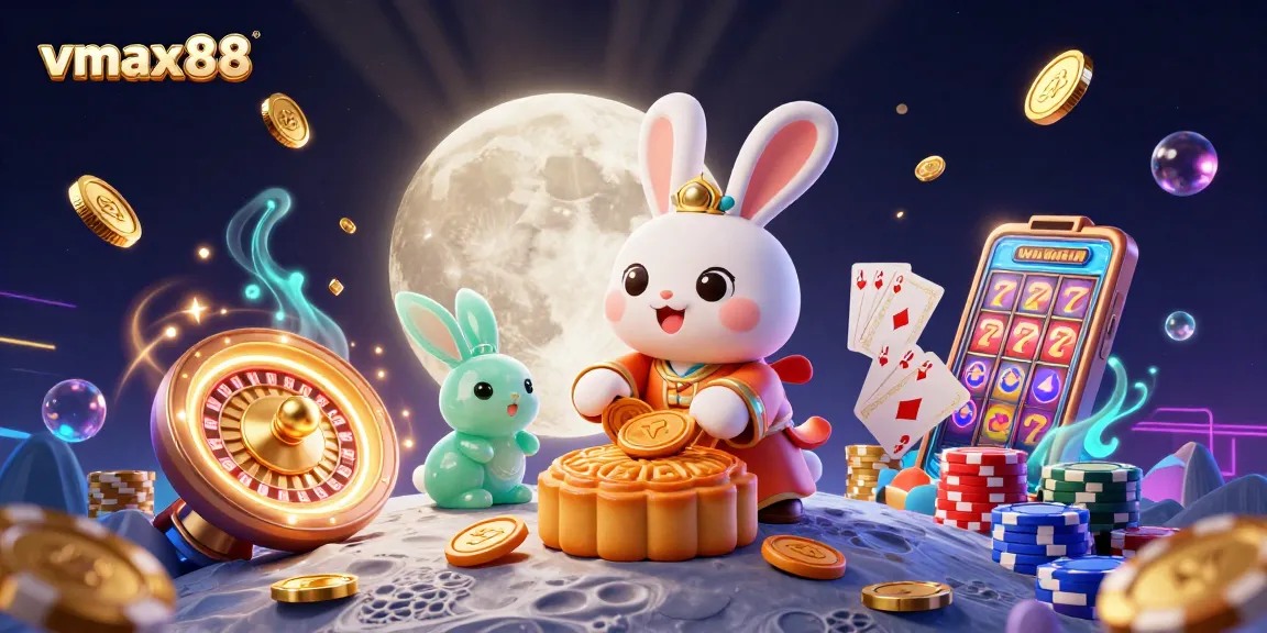 Join the moon rabbit at vmax88 as it reveals poker chips amidst a dazzling casino scene.