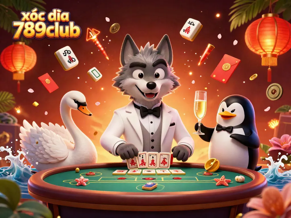 Xóc đĩa 789club illustration featuring a debonair wolf and elegant characters celebrating with casino elements.