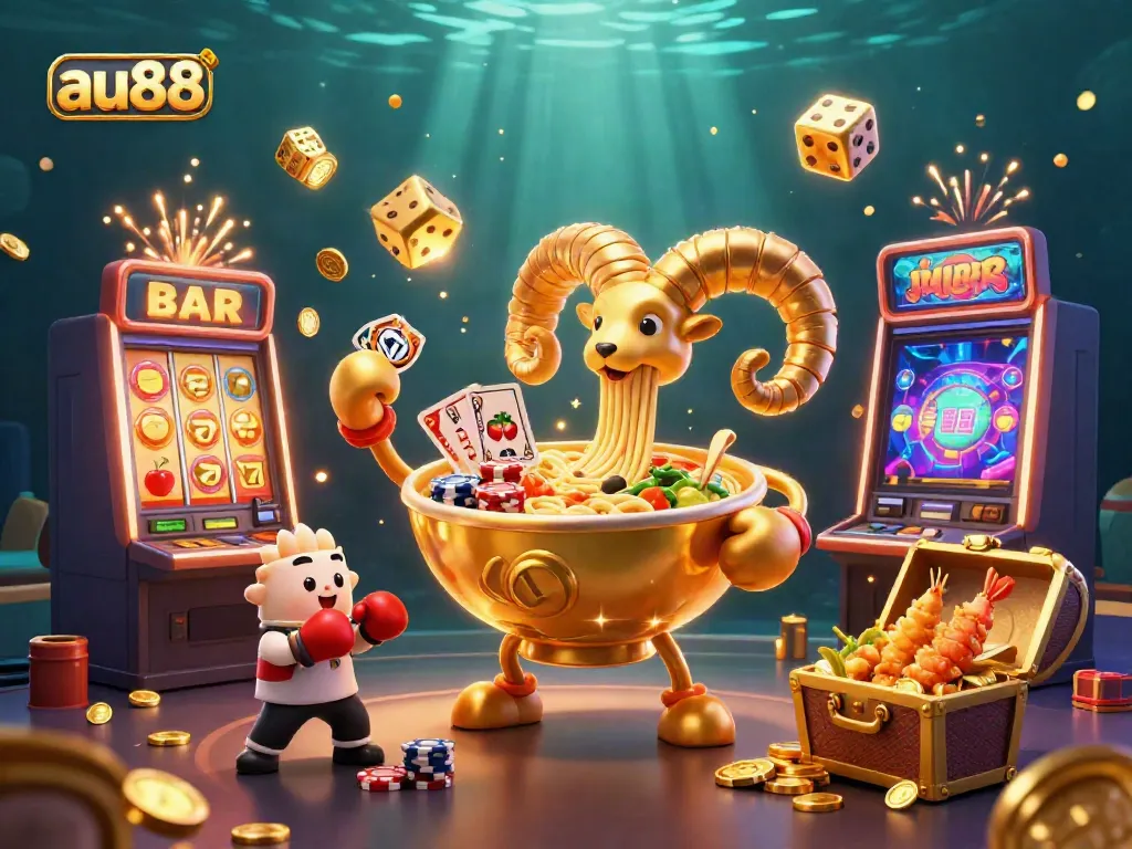 Experience winning games with au88's vibrant casino characters and slot machines in a dynamic scene.