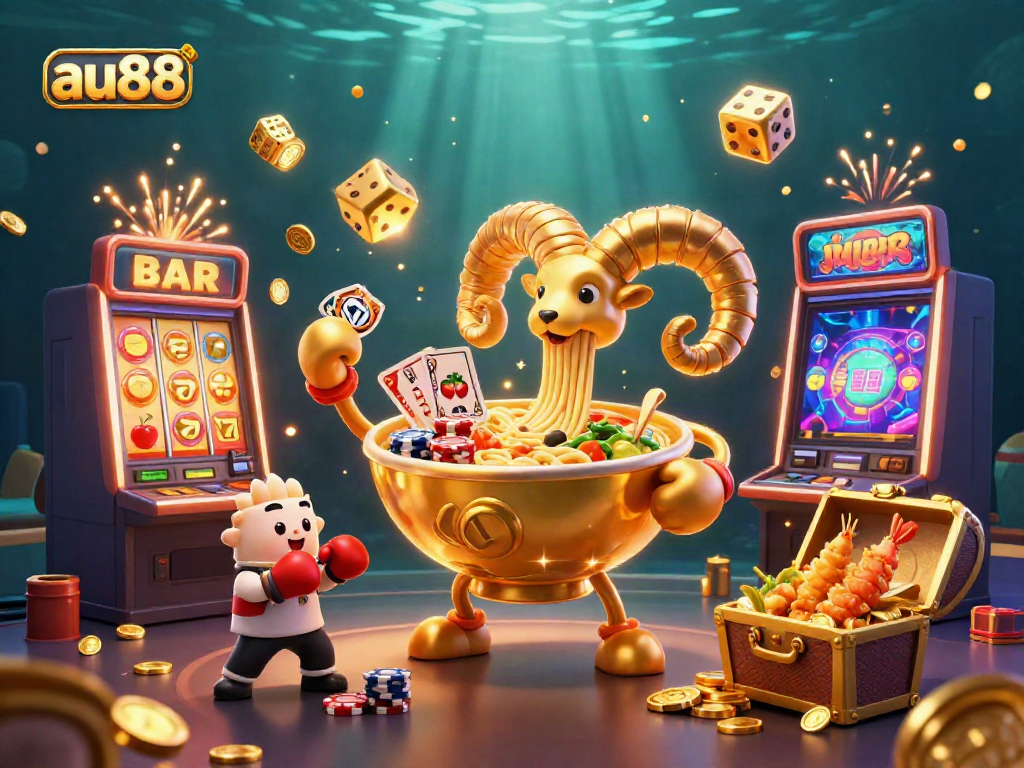 Experience winning games with au88's vibrant casino characters and slot machines in a dynamic scene.