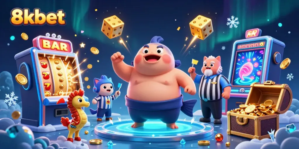 Engage in thrilling gameplay at 8xbet with a cartoon fugu and casino elements.