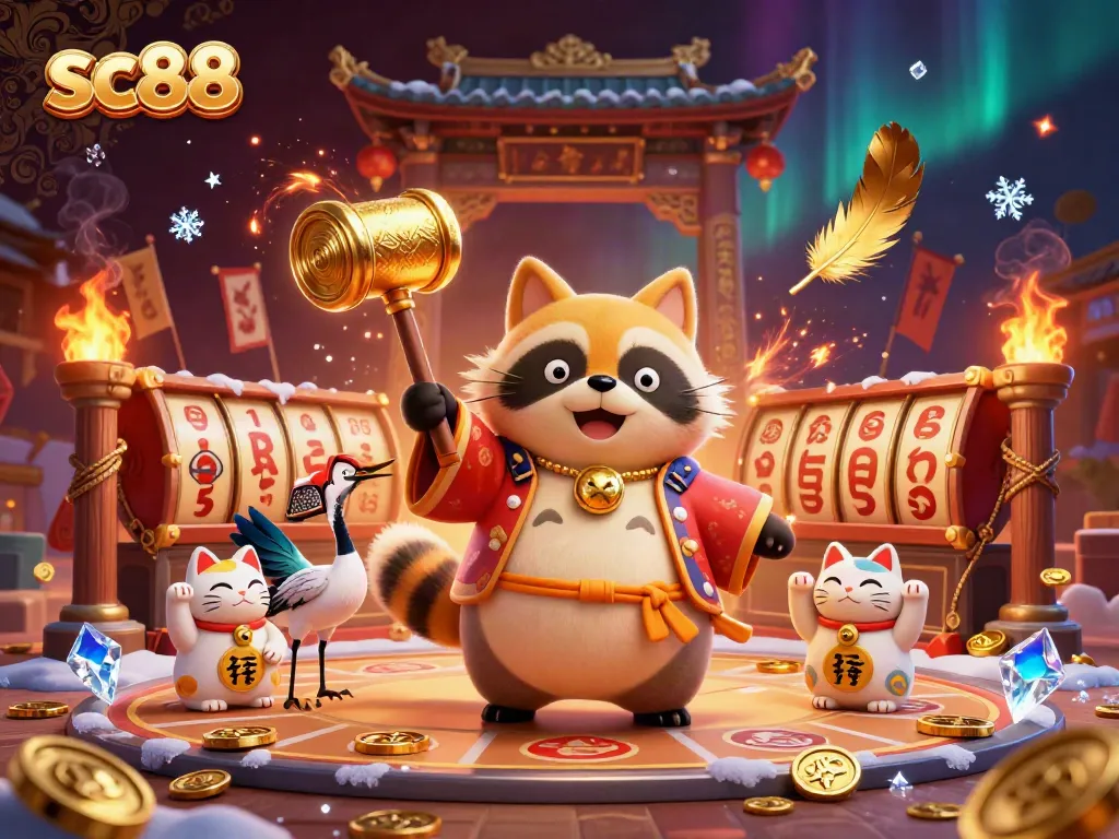 Experience the excitement of sc88 slots with a vibrant tanuki mascot and casino elements.