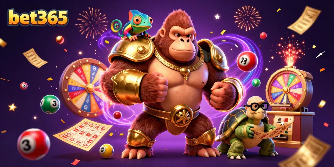 Experience exciting gaming at bet365 with a gorilla, chameleon, and tortoise in a vibrant casino scene.