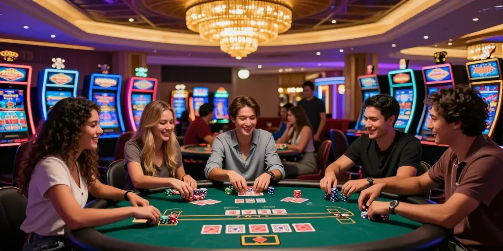 Vegas88 casino experience with friends enjoying poker under colorful neon lights.